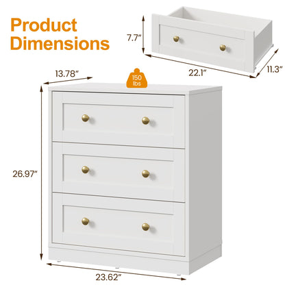 RoyalCraft White 3 Drawer Dresser, Small Dresser for Bedroom, Wood Nightstand with Drawers, Modern Chest of Drawers for Closet, Living Room, Entryway