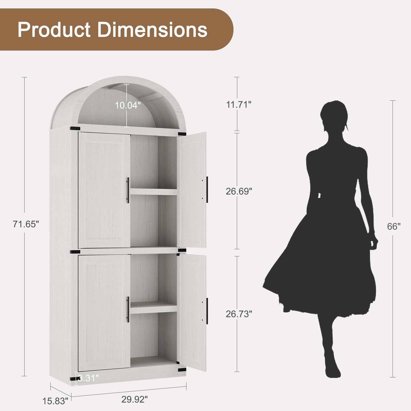 IDEALHOUSE 71.6" Kitchen Pantry Cabinet, 5-Tier Arched Display Cabine with Doors, Bookshelf, Arched Bookcase, Modern Fluted Wooden Storage Organizer Cabinet for Living Room, Dining Room,Kitchen,White