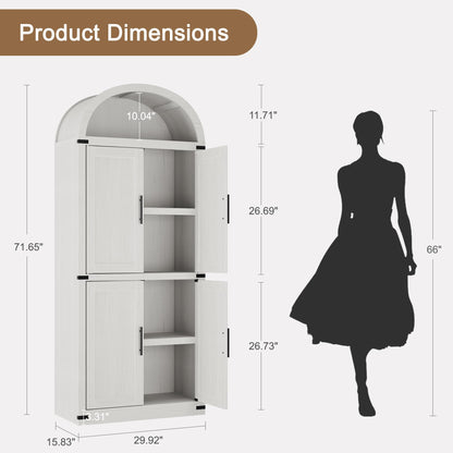 IDEALHOUSE 71.6" Kitchen Pantry Cabinet, 5-Tier Arched Display Cabine with Doors, Bookshelf, Arched Bookcase, Modern Fluted Wooden Storage Organizer Cabinet for Living Room, Dining Room,Kitchen,White