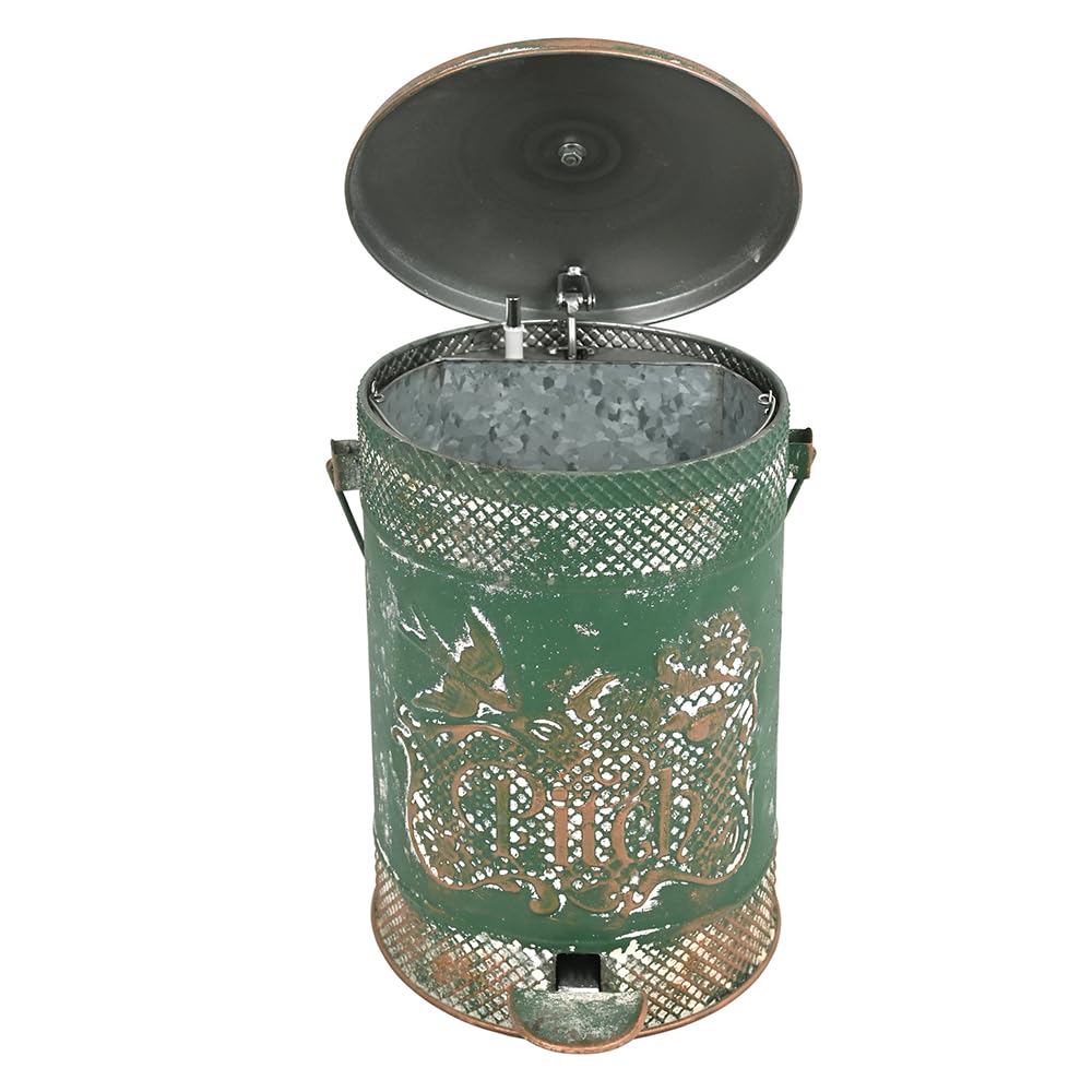 Chadechimo Farmhouse Garbage Can with Lid Indoor Outdoor Trash Can with Embossed Bird and Flowers PatternMetal Retro Kitchen Trash Can with Lid for Kitchen Room and Garden Decor (Green)