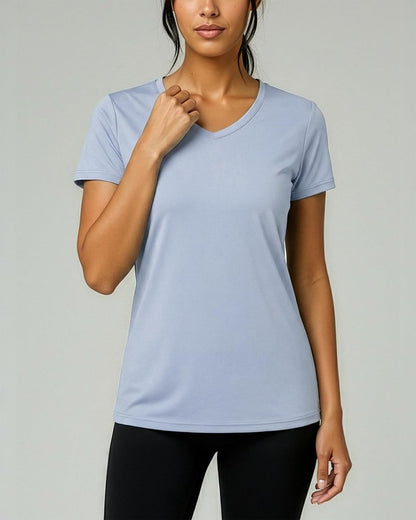 Real Essentials 5 Pack: Women's Dry-Fit Short Sleeve V Neck T Shirt Workout Fitness Yoga Top Tee, Set 16, XS