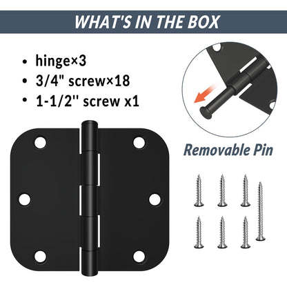 HOSOM Door Hinges 3 Pack Rounded Matte Black Door Hinge 3.5 x 3.5 inch with 5/8 Radius, Black 3 1/2 Interior Door Hinges, 3 ½"x 3 ½" Hardware