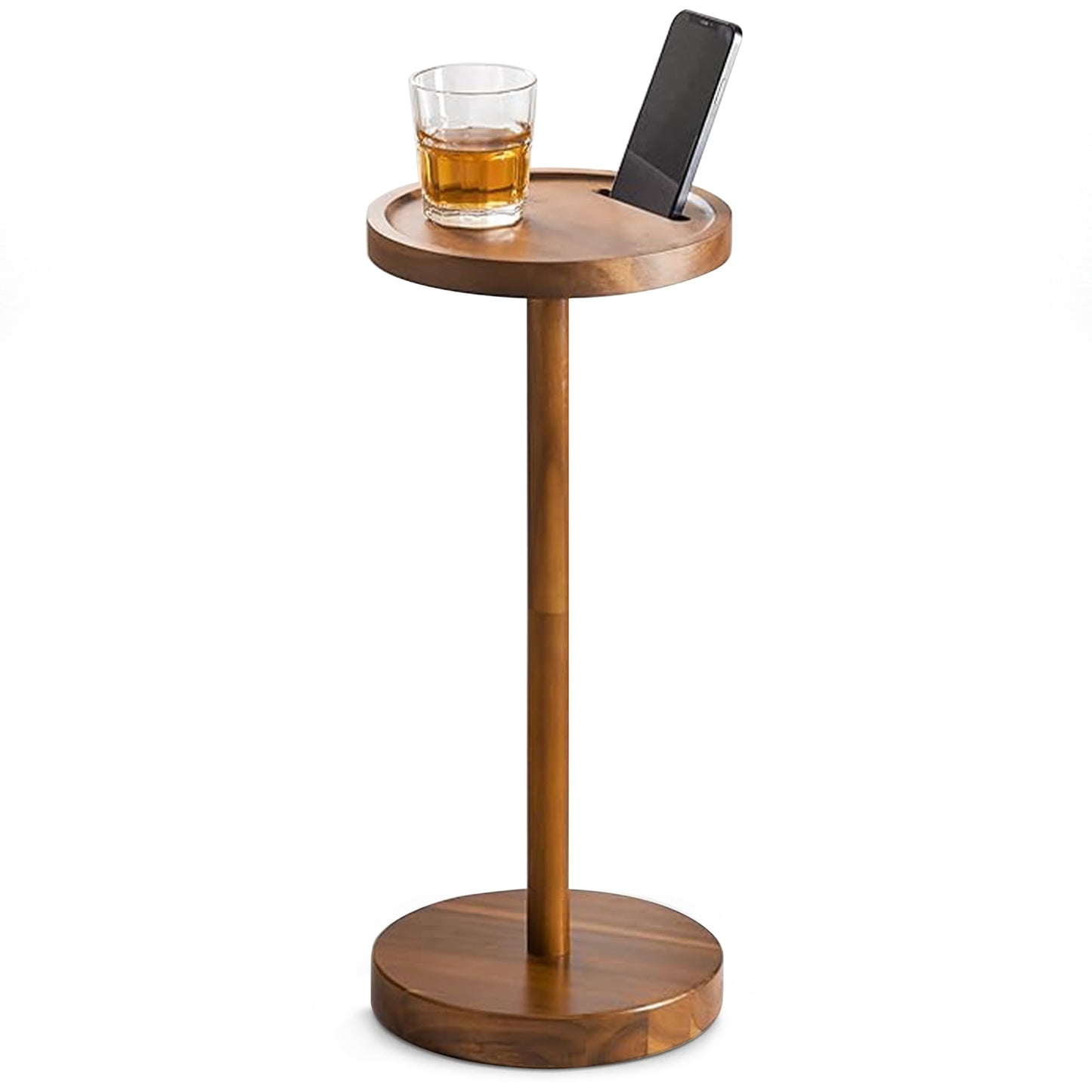 BLUEWEST Drink Table, 22" Tall Compact Side Table with Phone Slot and Weighted Base, Durable Pedestal Table Accent for Living Room, Bedroom, or Office, Cocktail and Martin (1, Acacia)