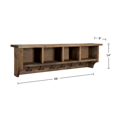 Alaterre Furniture Pomona Entryway Coat Rack – Rustic Farmhouse 48-Inch Wall-Mounted Coat Rack with 6 Double Hooks & 4 Open Cubbies – Solid Wood Mudroom Storage for Entryway or Hallway (Rustic Brown)