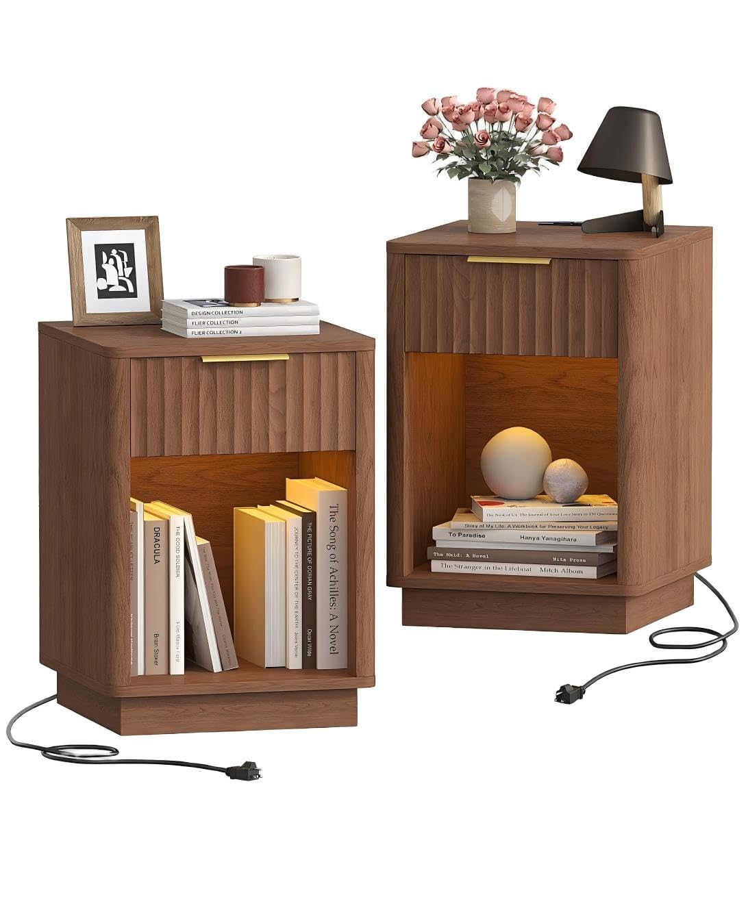 Akxomel Fluted Nightstands Set of 2, Wooden Night Stand with Charging Station and LED Light, Modern Mid Century End Table with Drawer, 15" D x 15.7" W x 22.6" H, for Bedroom, Walnut