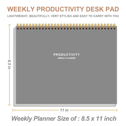 Weekly Productivity Planner - 8.5" x 11" Dashboard Desk Notepad Has 6 Focus Areas to List Tasks for Goals, Projects, Clients, Academic or Meal-Organize Your Daily Work Efficiently, 54 Weeks, Grey