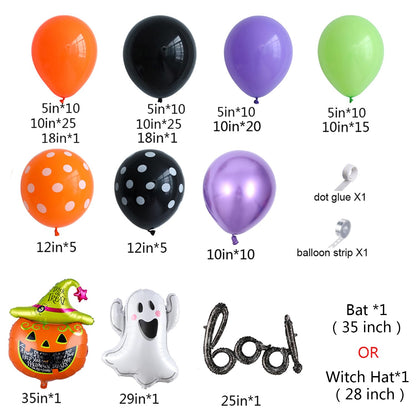 151PCS Halloween Balloon Arch Garland Kit, Black Orange Green Purple Balloons with Mylar Pumpkin Ghost BOO Foil Balloon for Kids Home Halloween Background Birthday Party Decorations Supplies