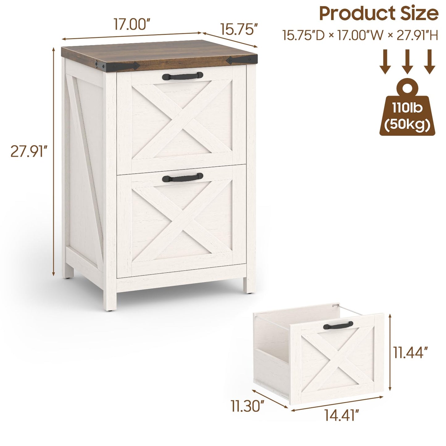 Halitaa Farmhouse File Cabinet, Vertical Under Desk Wooden Storage with 2 Drawers, Small Filing Cabinet Fits Letter and A4 Size for Home Office, Printer Stand, White and Brown