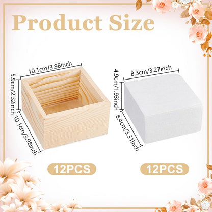 AHANDMAKER 12 Pack Unfinished Wooden Boxes Rustic Natural Wooden Crates with Foam Inserts for Floral Arrangement Home Decor Wedding Centerpieces Christmas Party Craft 4x4x2.3 Inch