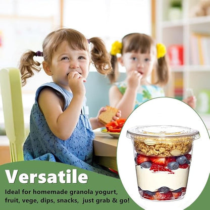 Zezzxu 50 Pack 9 oz Disposable Parfait Cups with Lids No Hole, Toppings Compartment and Spork, Yogurt Conatiner with Granola Holder for Take Away Breakfast and Snacks, No Leaking