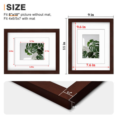 Egofine 8x10 Picture Frames Made of Solid Wood with Plexiglass, Display Pictures 4x6/5x7 with Mat or 8x10 Without Mat Set of 4 for Tabletop and Wall Mounting, Walnut Color