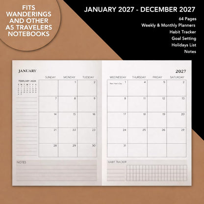 Wanderings A5 Traveler's Notebook Calendar Refill Inserts - 5.8''x 8.4'' (14.2cm x 21 cm) - January 2027 - December 2027 - A5 Calendar Planner Refills For Leather Travel Journals, Diaries and Planners