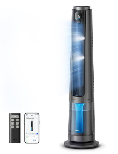 DREO TurboCool Misting Fan 765S, Fans that Blow Cold Air, 10°F Cooling, 34ft/s Fast Evaporative Air Cooler, 6L Tank, 20 dB Quiet DC Motor, 90° Tower Fan with 12 Speeds, 4 Modes for Home, Grey