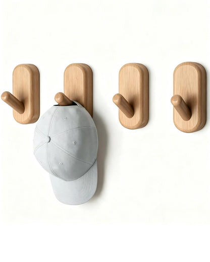 FCOWK Wooden Wall Hooks for Hanging - 4 Pack Heavy Duty Coat Hooks Wall Mount- Solid Natural Wood Hat, Bag, Backpack & Towel Hooks - Modern Key Holder for Bathroom & Entryway (Beech)