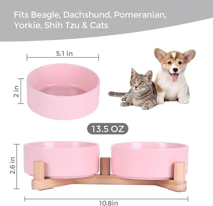 Ceramic Dog Bowls for Small Size Dogs, Cat Food and Water Bowl Set with 15° Adjustable Wood Stand, Raised Non-Slip Pet Bowls, Dual Feeder for Cats & Small Dogs, Matte Glaze 13.5oz Set of 2(Soft Pink)