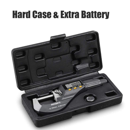REXBETI Digital Micrometer, Professional Inch/Metric Measuring Tools 0.00005"/0.001 mm Resolution Thickness Gauge, Protective Case with Extra Battery