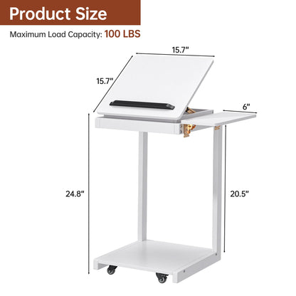 OtterOasis C Shaped End Table, Rolling Side Table with 4-Way Convertible Desktop, Wooden C Table with Multi-Functional Folding Tray & Small Chair, Side Table for Couch, Living Room, Bedroom, White