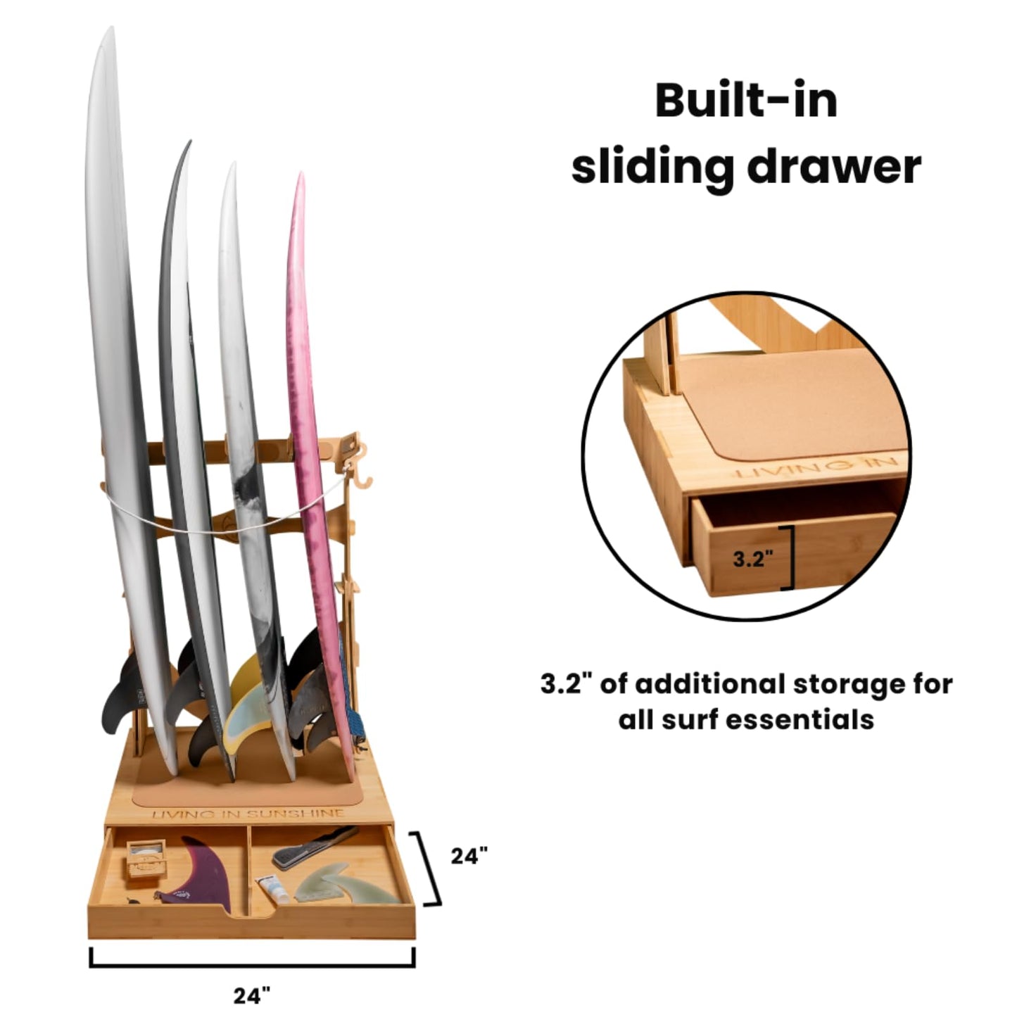 Living in Sunshine LISS Bundle with The Vertical Surfboard Spirit Rack 3-Board, Wax Box and Clean Fin (Surfboard Fin Removal and Installation Tool, Sand Brush Remover)
