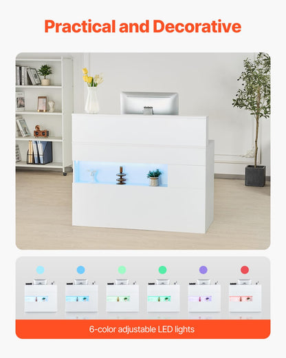 VEVOR Reception Desk, 47 Inch Rectangular Front Counter Table, Office Reception Desk with LED Light, 2 Drawers and Power Outlets, for Checkout, Lobby, Beauty Salon and Office, White
