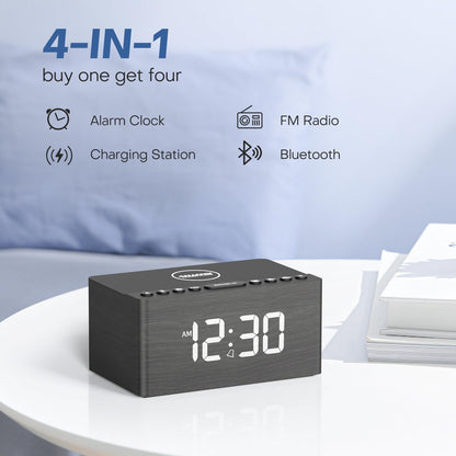 ANJANK Wooden Bluetooth Speaker Alarm Clock with Fm Radio, Wireless Charging Station for iPhone/Samsung, USB Charger Port, Dimmable Display, Sleep Timer, Digital Wood Bedroom, Bedside Grey+bluetooth