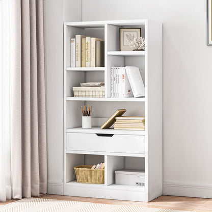IOTXY Wooden Open Shelf Bookcase - 51 Inches Height Freestanding Display Storage Cabinet Organizer with 7 Cubes and a Drawer, Floor Standing Bookshelf in Warm White