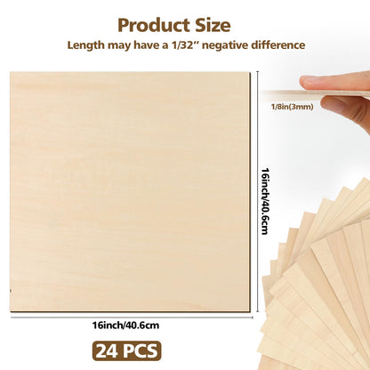 Adrattnay Basswood Sheets 3mm - 1/8 x 16 x 16 inch, 24pcs Square Laser Basswood Plywood for Laser Cutting & Engraving DIY Crafts, Wood Burning, Painting, Architectural Model Building