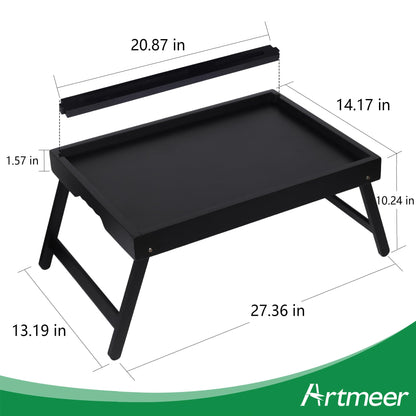 Artmeer Bed Tray Table with Folding Legs, Bamboo Breakfast Food Tray with Media Slot, Use As Platter, Laptop Desk, Snack, TV Tray Kitchen Serving Tray (Black Extra-Large Size)