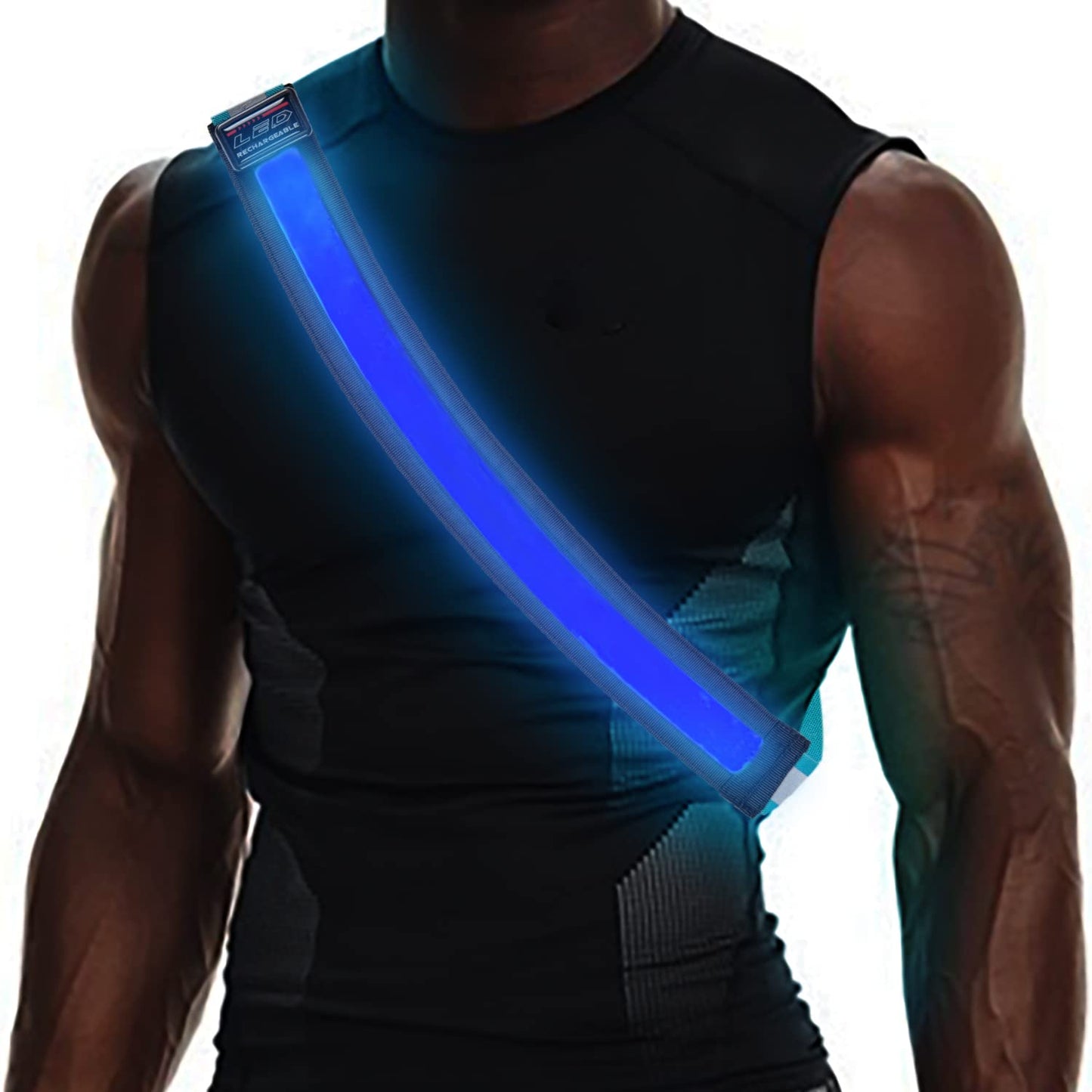 OLIKER LED Reflective Running Gear,High Visibility Reflective Belt Sash with Safety Light,USB Rechargeable Adjustable Size Night Reflective Accessories for Night Outdoor Sports Running Walking (Blue)