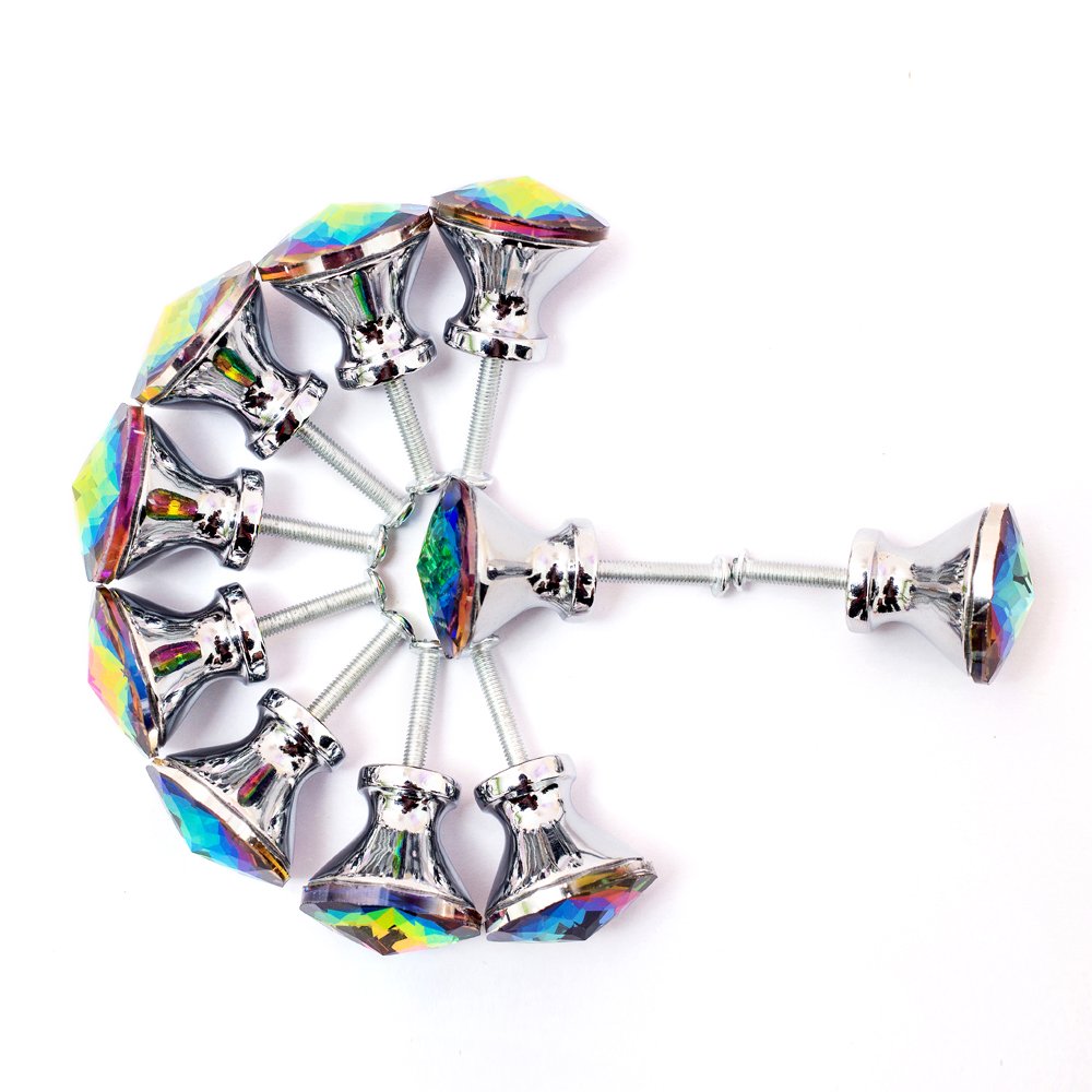 Spriak 10 Pack Drawer Knobs, 30mm Colorful Crystal Glass Cabinet Dresser Pulls Diamond Shape Cupboard Wardrobe Knob with Screw for Kitchen Bathroom Office DIY