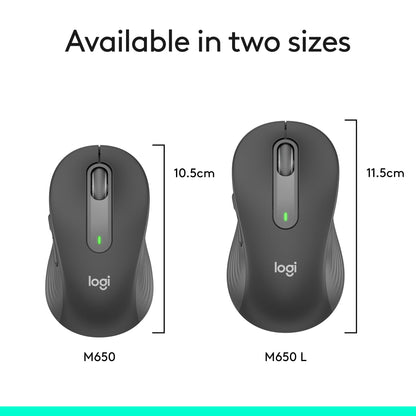 Logitech Wireless Mouse Signature M650 L Full Size - Large Hands, 2-Year Battery, Silent Clicks, Customizable Buttons, Bluetooth, PC/Mac/Chromebook - Black, Right-Handed, Large