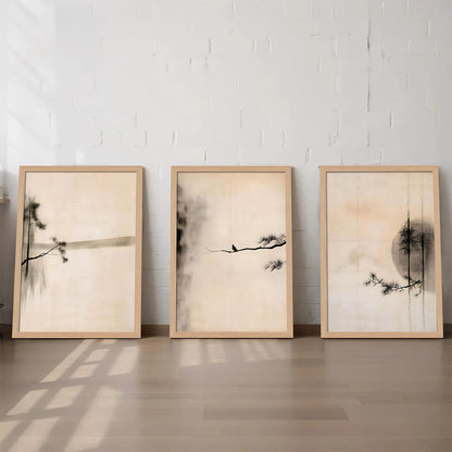 skysoon Minimalist Zen Wall Art Set of 3, Abstract Ink Landscape Canvas Prints, Neutral Pine Tree and Bird Artwork, Modern Japanese Scandinavian Wall Decor for Living Room Bedroom Office 16x24 Inch