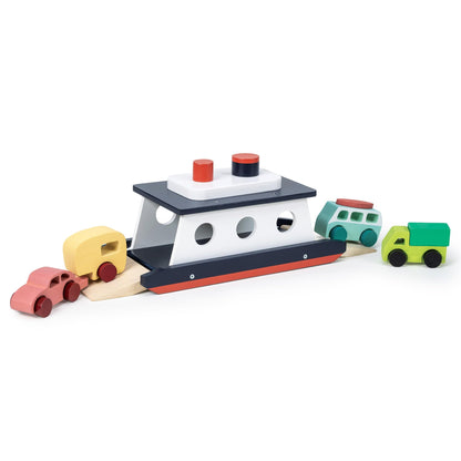 Mentari Toys - Car Ferry - Wooden Boat Set with 4 Vehicles - Includes Car, Caravan, Campervan, and Truck - Interactive Loading & Unloading Toy for Fine Motor Skills, Gift for Toddlers Age 3+