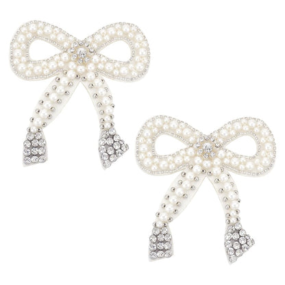 FINGERINSPIRE 2 Pcs Bowknot Rhinestone Patch 4.9x4.5inch Bow Tie Beading Appliques White Imitation Pearl Decorative Patch Repair Felt Sew on Applique for Clothing Repair