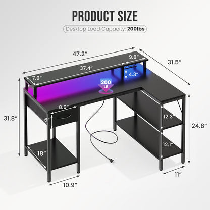 DUMOS 47” Gaming Desk with USB Charging Ports & LED Lights, Reversible L Shaped Desks Computer Corner Gamer Table with Power Outlets Monitor Stand Storage Shelves for Home Office Small Space, Black