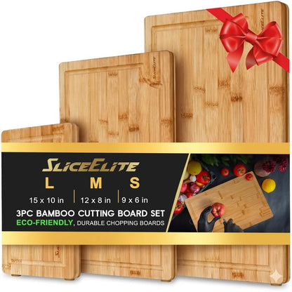 SliceElite Bamboo Cutting Board Set of 3 Wooden Cutting Boards for Kitchen with Juice Grooves Side Handles Bamboo Chopping Boards for Meat Vegetables Fruit Bread Charcuterie Meal Prep Serving Tray Set