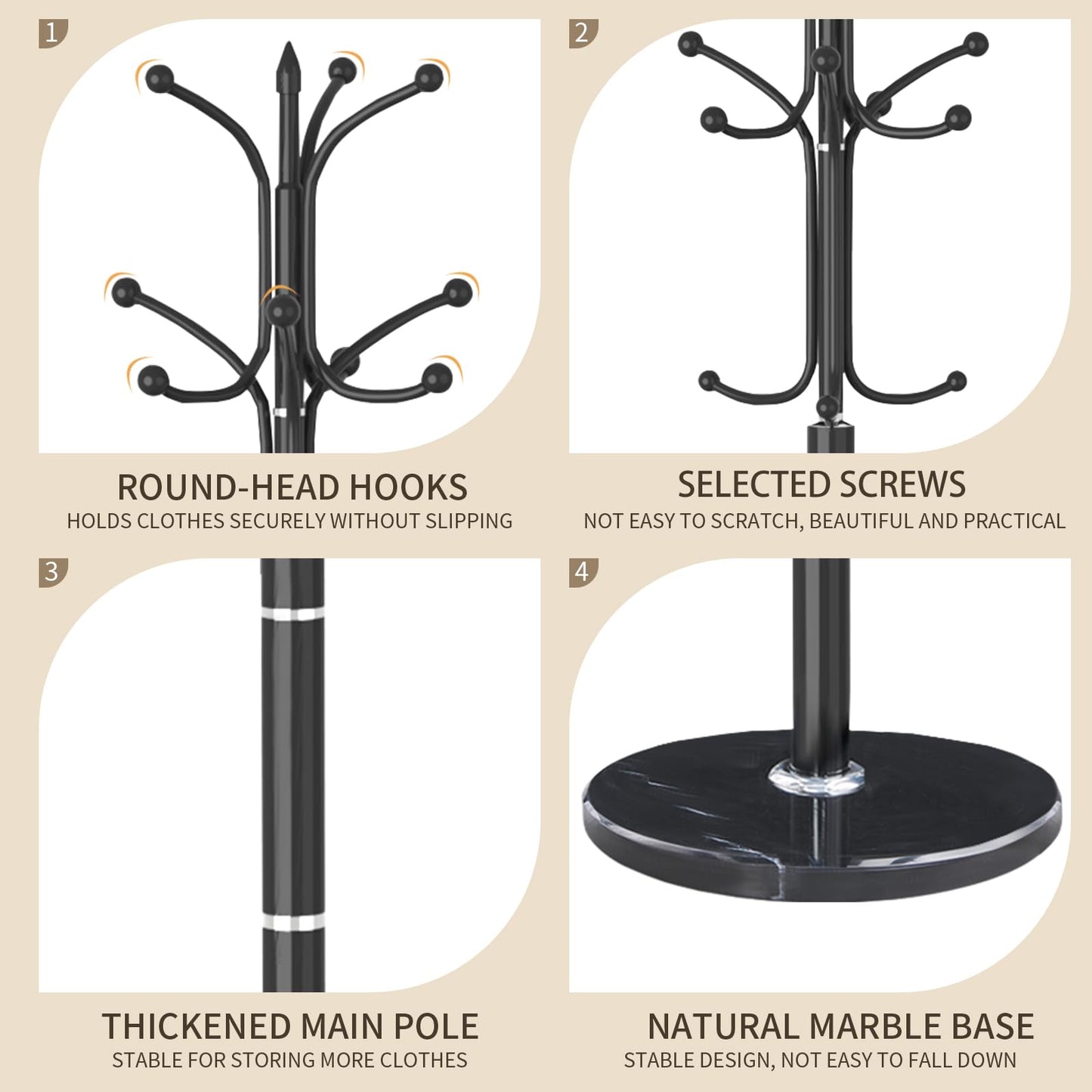 LOZABEE Metal Coat Rack Stand, Modern Freestanding Coat Rack with Natural Marble Base, Black Coat Racks and Coat Hall Tree Hanger Stand with 12 Hooks for Entryway, Hallway, Office