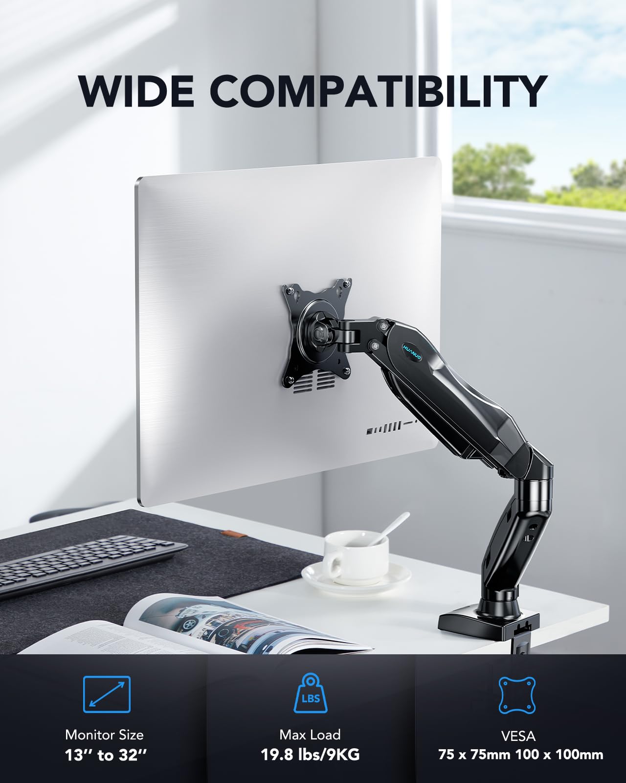 HUANUO Single Monitor Mount, 13 to 32 Inch Gas Monitor Arm, Adjustable Stand, Vesa Mount with Clamp and Grommet Base - Fits 4.4 to 19.8lbs LCD Computer Monitors