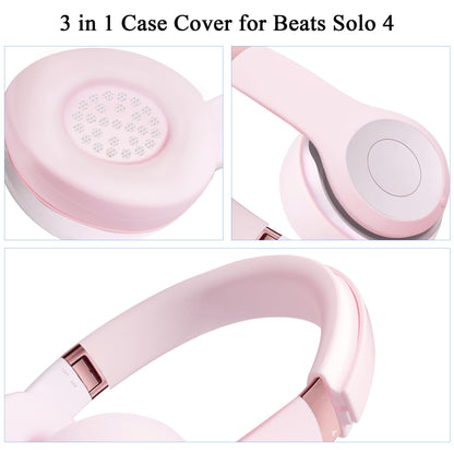 【3 in 1】 Solo 4 Silicone Case Cover Set,Anti-Scratch Ear Pad/Shell/Headband Cover for Beats Solo 4 Headphone,Soft Silicone Protector Accessorie(Pink)