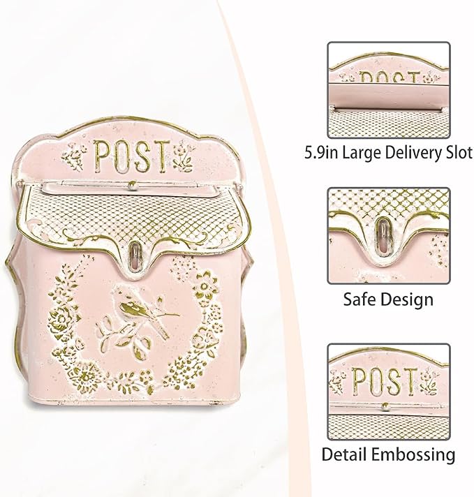 Wall Mount Mailboxes for Outside Vintage Mail Boxes for House Outside Metal Door Mailbox Drop Box Antique Style Nostalgic Charm Home Decorative, Pink