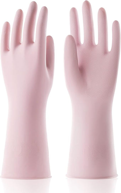 COOLJOB Small Household Rubber Gloves with Cotton Liner & Non-slip Grip, Waterproof Long Lasting Dishwashing Gloves for Kitchen & Bathroom Cleaning, Light Pink, 1 Pair