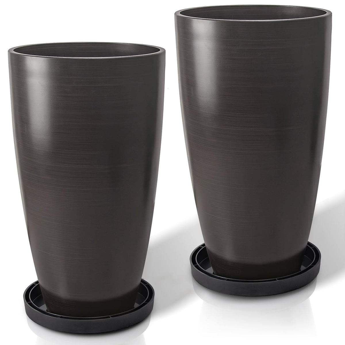 ZMTECH 21 Inch Tall Outdoor Planters Set of 2 Round Tall Plant Pots for Outdoor/Indoor with Shelf Inset, Dark Brown Glossy Smooth Finish - Large Plastic Pots with Drainage Holes for Front Porch Patio