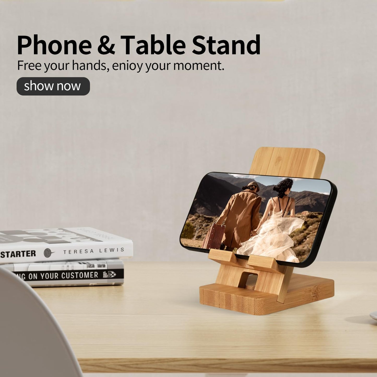 LUCKY BEAN Wood Phone Stand, Desktop Wooden Phone Holder, Portable Office Phone Stand for Desk, Wood ipad Stand， Compatible with iPhone & All Cell Phones (Bamboo)