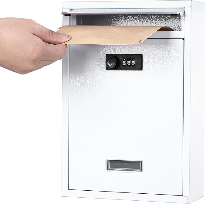 KYODOLED Locking Wall Mount Mailbox with Combination Lock, White | Heavy-Duty Steel, Secure Drop Box for Mail, Cash & Keys, Weather Resistant, Home, Office & School Use, 12.4 x 8.54 x 3.35 In
