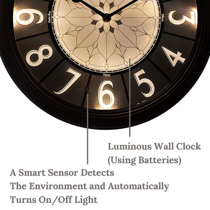Presentime & Co. 12.6" Illuminated Farmhouse Wall Clock, Silent Battery Operated Night Light Wall Clock with Smart LED Sensor for Living Room, Bathroom, Kitchen, Home Office, Oil Rubbed Bronze Finish
