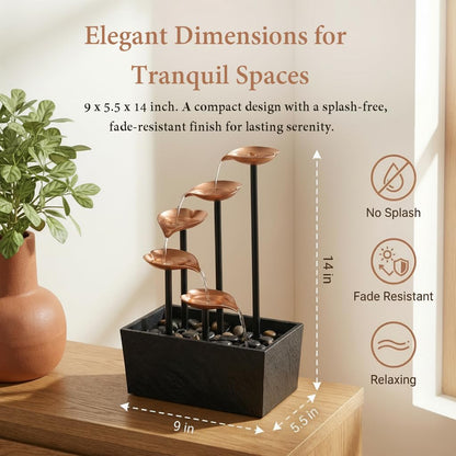 Rytmfluss 14" Tabletop Water Fountain, Indoor Desktop Fountain with Copper Leaf Design & LED Light, Splash-Free Zen Decor for Home, Office, Meditation, Yoga, Gift