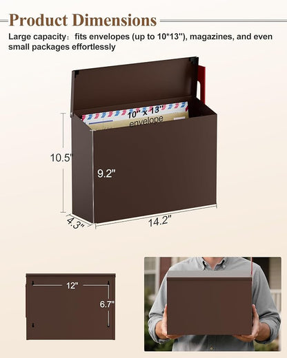 Wall-Mount Mailbox for Outside, Large Capacity Rust-Proof Mail Box with Stay-Open Lid & Red Flag Kit, Galvanized Steel Weather-Resistant Post Box for House Outside, 10.5"x4.3"x14.2", Brown