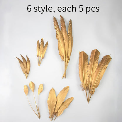 WENCELYL Gold Feather 6styles 30pcs Natural Goose Swan Feathers for Wedding Party Decoration DIY Crafts Halloween Performances Accessories
