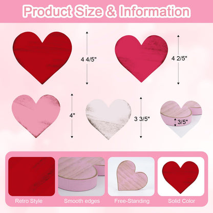 COCHIE Wooden Hearts Valentines Decorations Indoor, Wood Heart Blocks Tiered Tray Decor Set of 4, Red Pink White Valentine Decoration for Home Party Office Shelf Door (Retro)