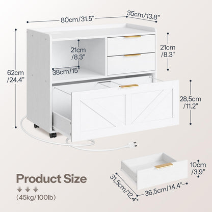 HOOBRO Lateral File Cabinet, Wooden Office Storage Drawers with Charging Station, Filing Cabinet for Home Office, A4/Letter/Legal-Sized Files, Printer Stand with Open Storage Spaces, White WT37UWJ01
