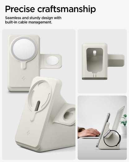Spigen MagFit Duo Stand Designed for MagSafe Charger (25W) & Apple Watch Charger Holder for Desk Nightstand Premium Silicone Compatible with iPhone 17/16/15/14/13/12 All Apple Watches - Dune Beige
